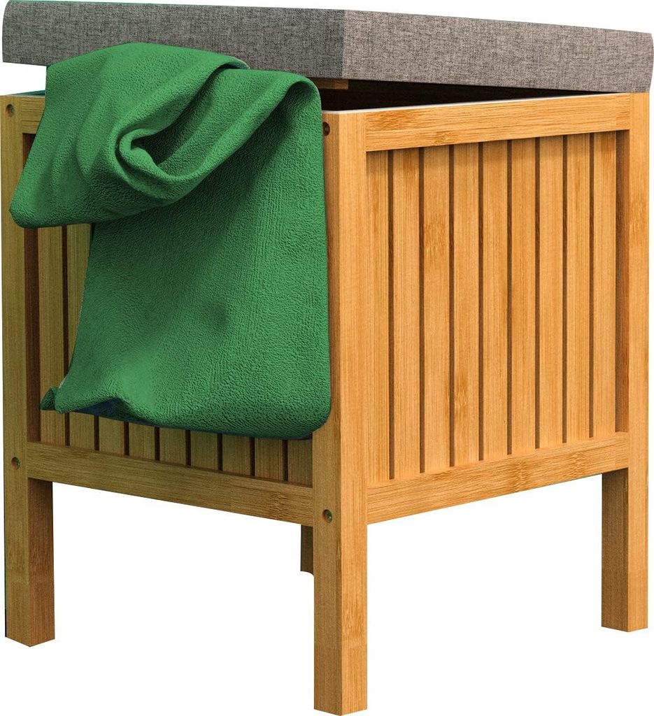Bambus Badezimmerhocker mit Wäschekorb, Wäschekorb-Hocker mit Sitzfläche, Holz Badezimmerhocker, Badezimmermöbel zum Sitzen, Hellbraun, (B x H ...