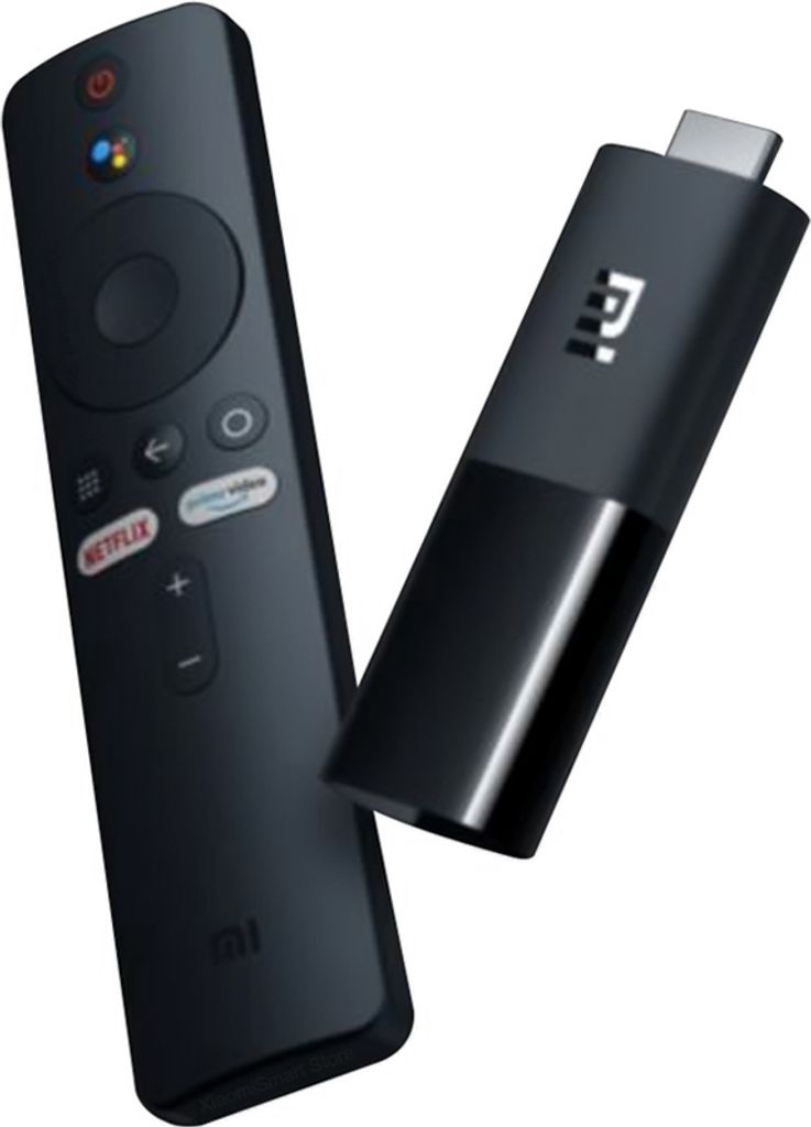 A black Xiaomi Mi TV Stick and its remote control are shown against a white background.
