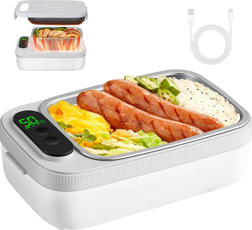 Tragbarer Speisenwärmer - Elektrische Lunchbox - Volumen 1 l - Per USB‐C aufladbar - Kabellos - LED‐Display - Für Auto/Büro/Reise - Weiß