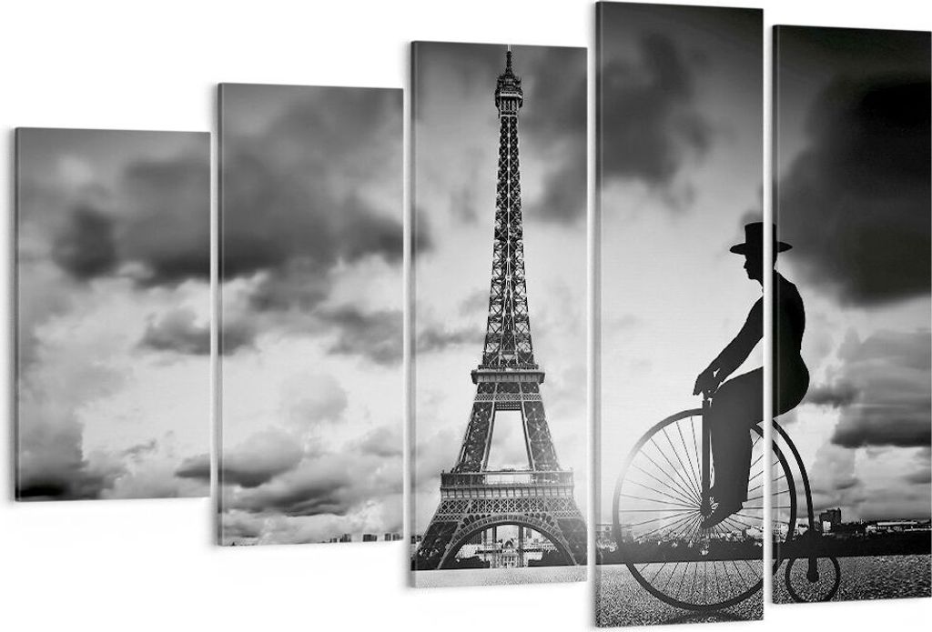Bild auf Leinwand - Leinwandbild - 5 Teile - Paris Gentleman Fahrrad - 150x100cm - Wand Bild - Wanddeko - Wandbilder - Leinwanddruck - Bilder - Wan...