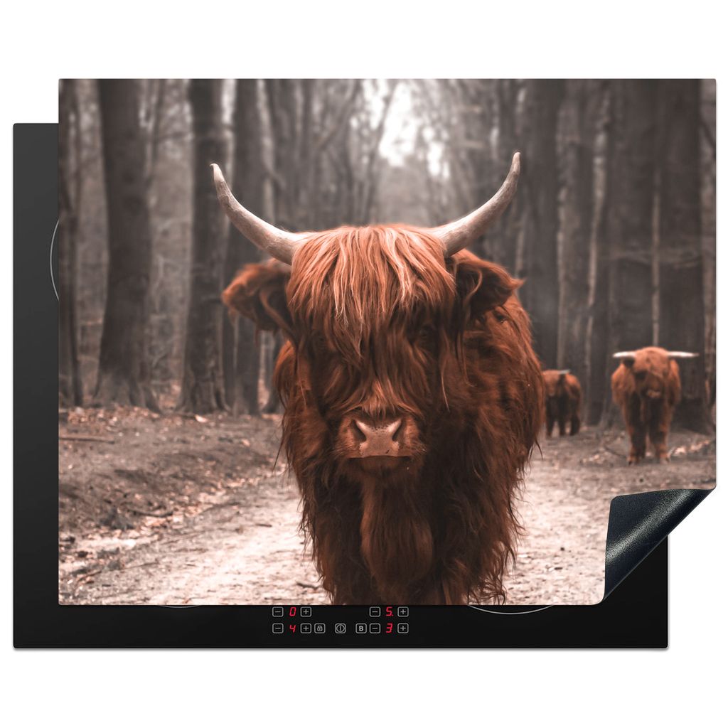 KitchenYeah Herdabdeckplatte Schottischer Hochländer - Wald - Kuh - Tiere - Natur , 65x52cm, Küche Deko, Glaskeramikkochfeld Herdabdeckung, Abd...