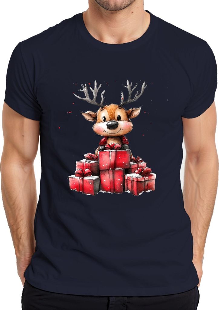 Weihnachten Rentier mit Geschenken niedlich Aquarell Kinder Herren T-Shirt, Navy, S