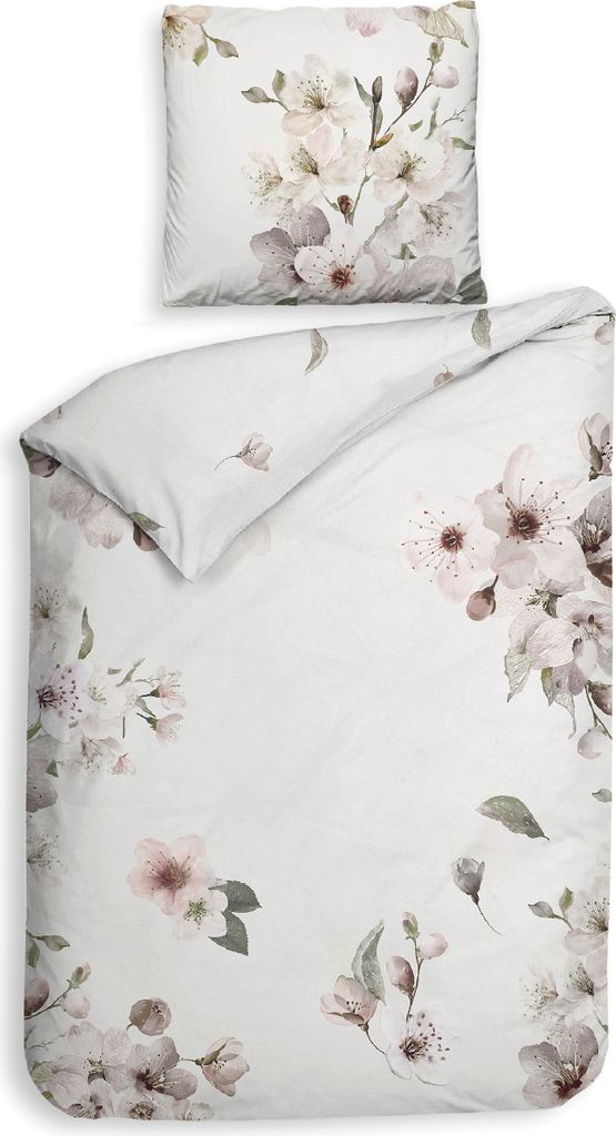 Heckett & Lane Satin Bettwäsche 155x220 Fai Off-White Kirschblüte Äste Wende