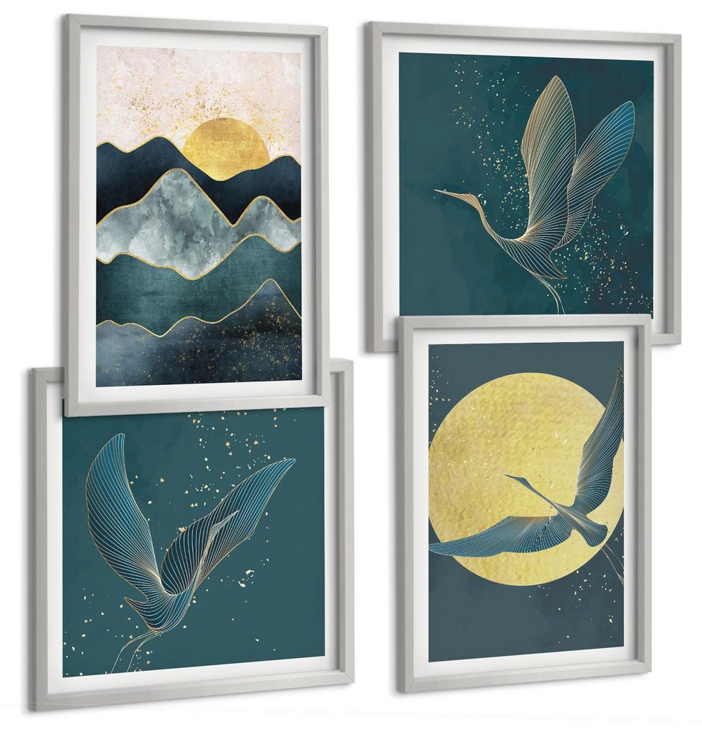 Bilder Set 4-teilig im silbergerahmten Rahmen – Wandbilder 4 Stück – gerahmte Poster für Wohnzimmer, Schlafzimmer und Flur – 50x50 cm - 40x...