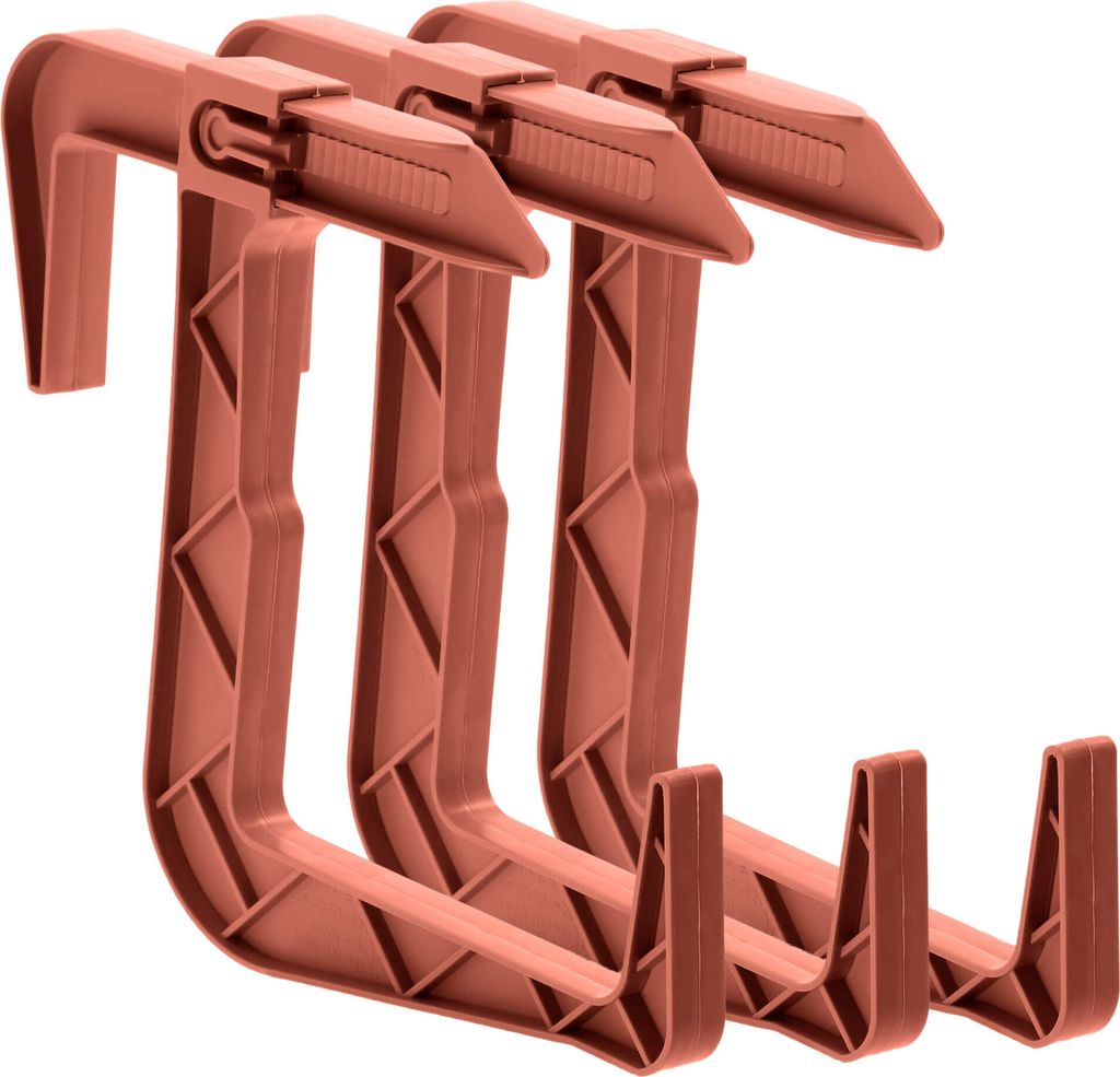 A set of four terracotta-colored plastic flower box holders, presented against a white background.