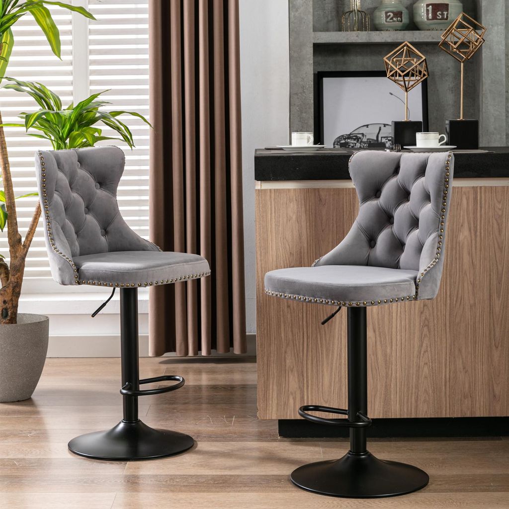 2er Set drehbare Samt-Barhocker, höhenverstellbar, modern, Produktbild 