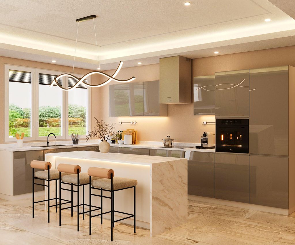 Inselküche-Küchenzeile 420x220 cm Glanzia – KU-S18 – Grau – Hochglanz Ohne Arbeitsplatte & Elektrogeräte Eckküche L-FORM Küchenzeile Kü...