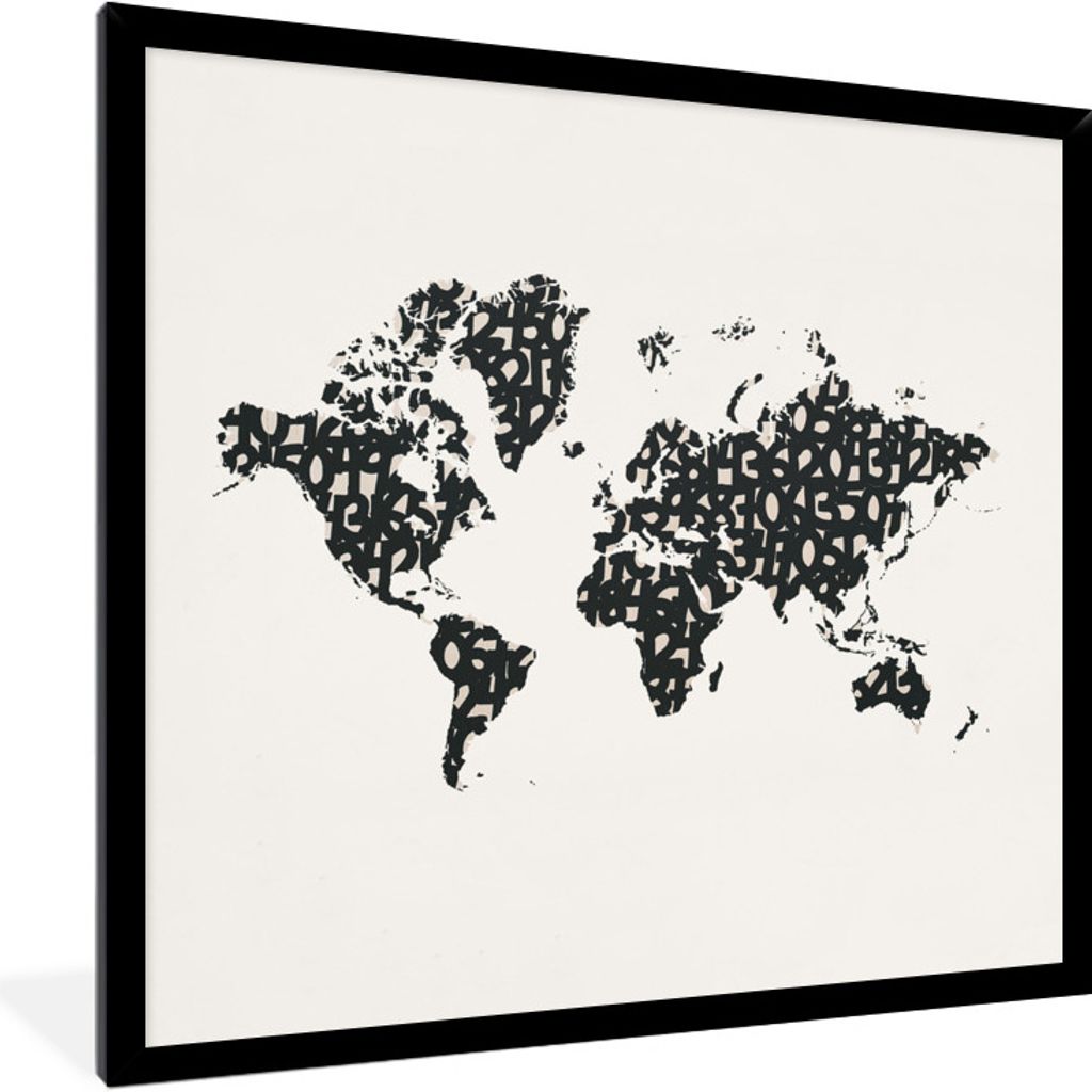 MuchoWow MuchoWow Gerahmtes Poster Weltkarte - Schwarz - Weiß - Zahlen 40x40 cm - Poster mit zchwarzem Bilderrahmen - Mit Rahmen - Wanddekorat...