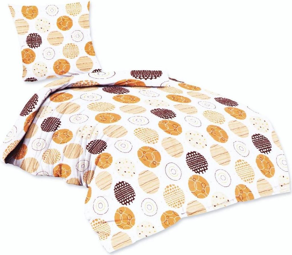 A bedding set with a pillow and duvet cover, both featuring a pattern of circles in yellow and brown tones on a white background.