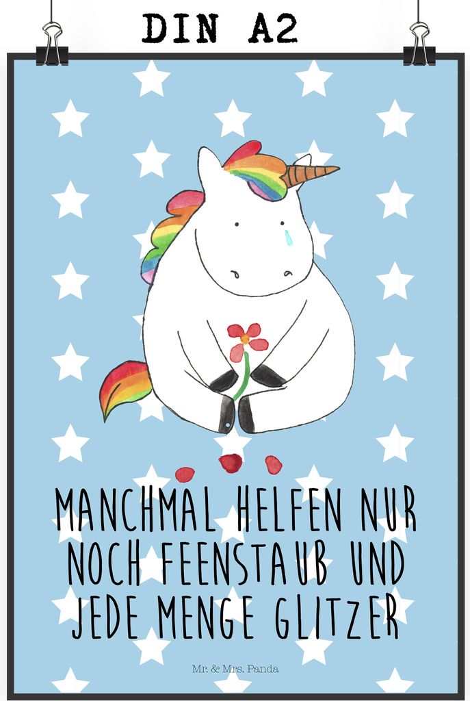 Mr. & Mrs. Panda Bild Einhorn Traurig DIN A2 - Blau Pastell - Geschenk, Grußkarte, Liebe, wanddeko, Trauer, Wandbild, Unicorn, Plakat, Einhörner,...