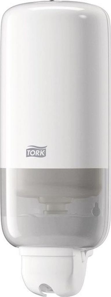 A white soap dispenser with a transparent lower section.