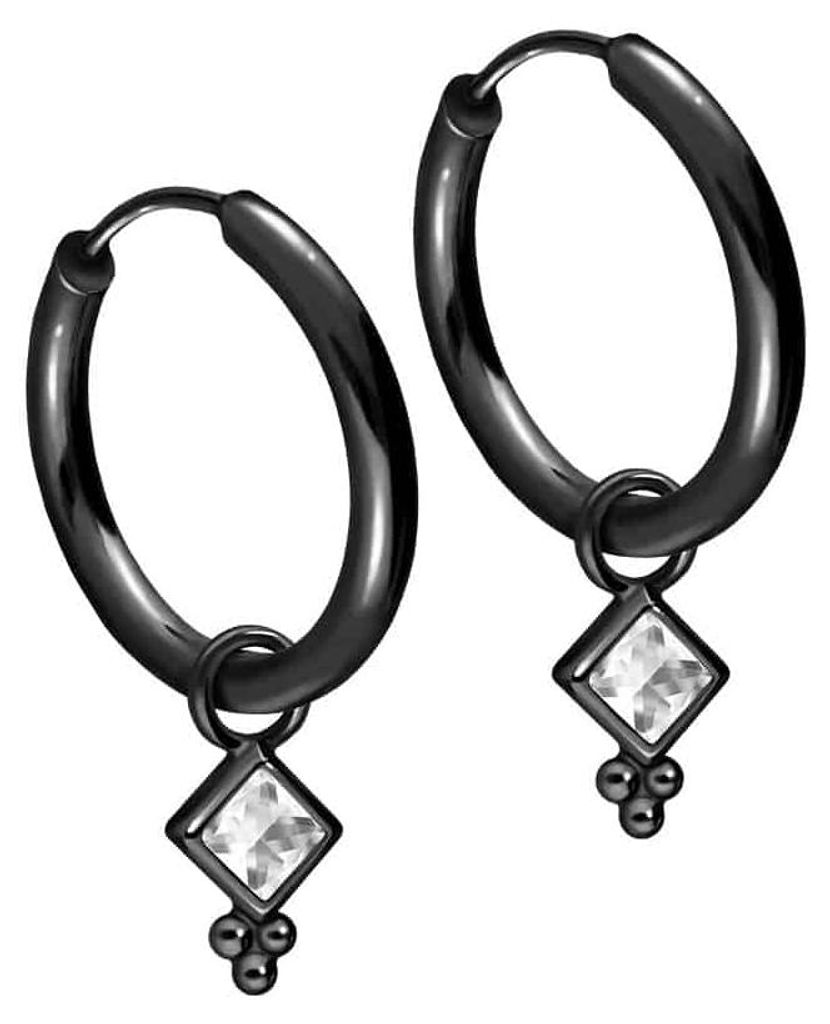Chirurgenstahl Ohrclicker Creolen KRISTALLQUADRAT + KUGELN Schwarz Innendurchmesser: 14mm + Designstärke: 1,6mm