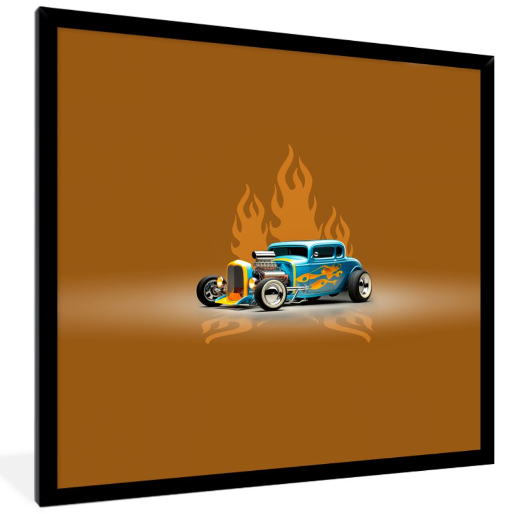 MuchoWow Gerahmtes Poster Auto - Gelb - Flammen - Vintage 40x40 cm - Poster mit Schwarzem Bilderrahmen Wandposter Rahmen Foto Bilder - Mit Rahmen...