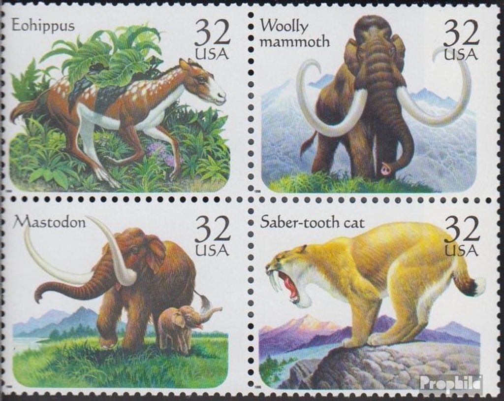 Briefmarken USA 1996 Mi 2735-2738 Viererblock (kompl.Ausg.) postfrisch Prähistorische Tiere