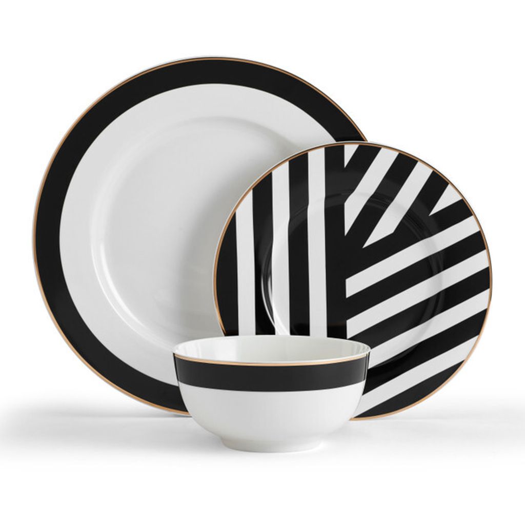 A set of Mikasa Luxe Deco dinnerware, including plates and a bowl, arranged on a white background.
