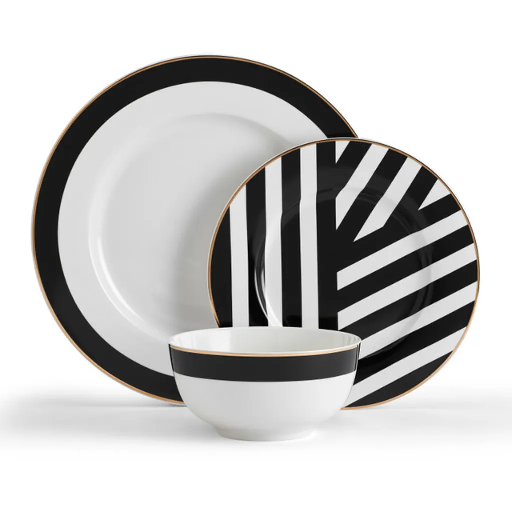 Mikasa Luxe Deco, servizio da tavola in porcellana da 12 pezzi, con stampa geometrica, 4x piatti da pranzo, 4x piatti da dessert e 4x ciotole - lavabile in lavastoviglie