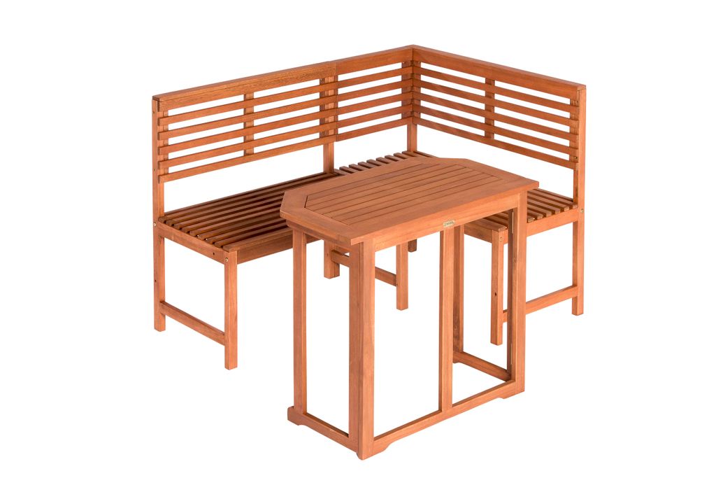 A wooden corner bench with a table, shown from a diagonal angle against a white background.