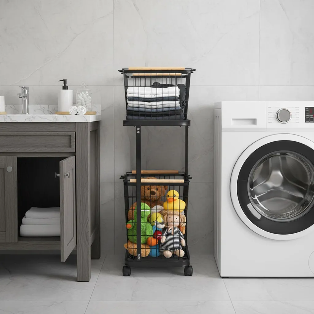 Meuble de rangement pour linge à deux étages, servante utilitaire noire - 5