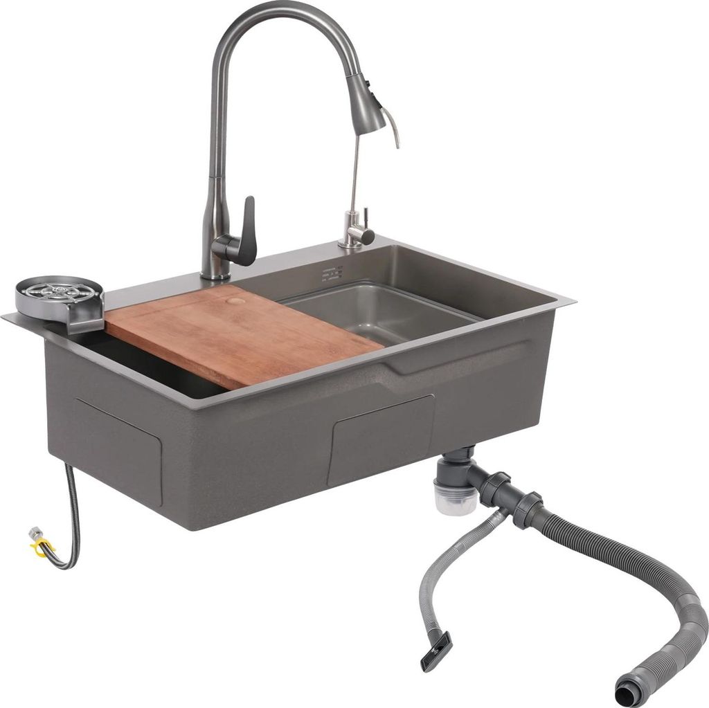 Küchenspüle - Einzelbecken 75×45×22 cm - 304 Edelstahl - Kratzfest - Ausziehbare Armatur 30 cm - 1 Loch - Grau