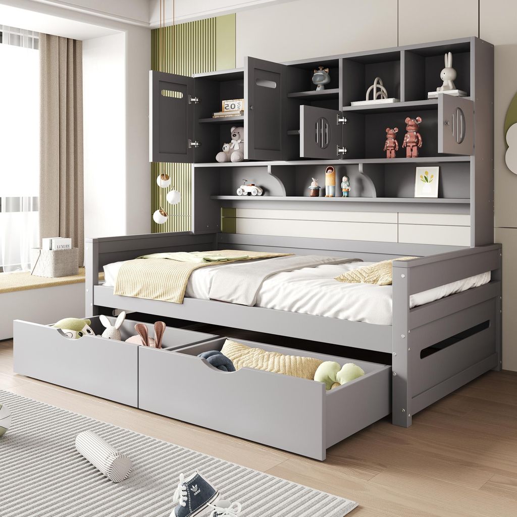 okwish Jugendbett 90x200 Schlafsofa Einzelbett ohne Matratze,mit mehreren Staufächer und zwei große Schubladen,Kinderbett mit Lattenrost,grau