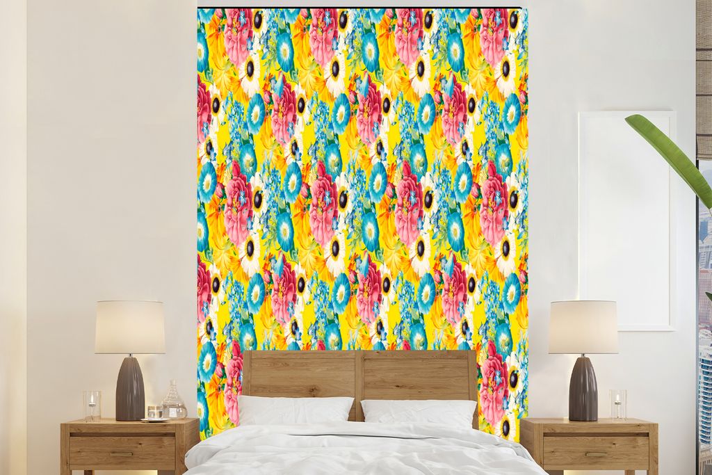 MuchoWow Fototapete für Wohnzimmer oder Schlafzimmer Wandtapete Vinyl Motivtapete Blumen - Farben - Muster - 155x240 cm - Tapete
