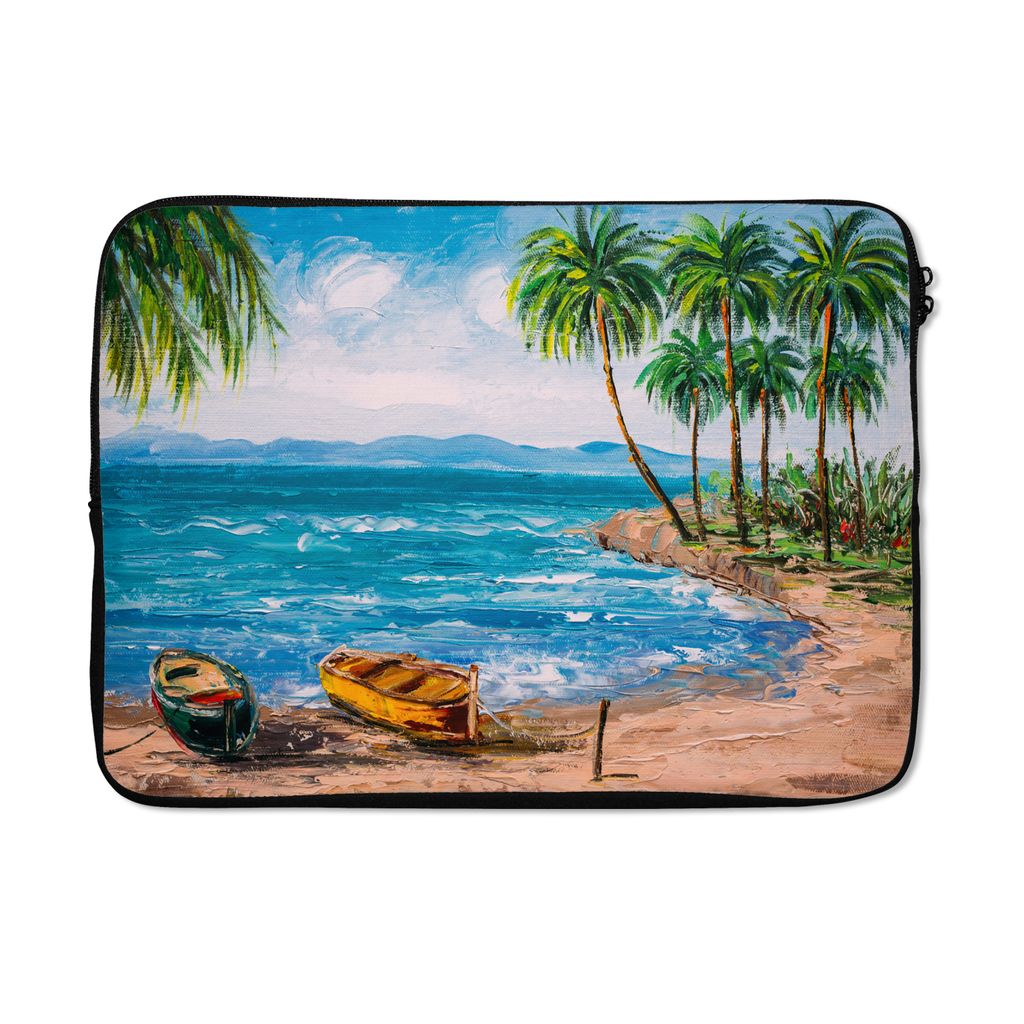 MuchoWow Laptop Hülle 13 Zoll Gemälde - Öl auf Leinwand - Strand - Palme - Boot Laptoptasche - Laptophülle - Sleeve - Rundumschutz