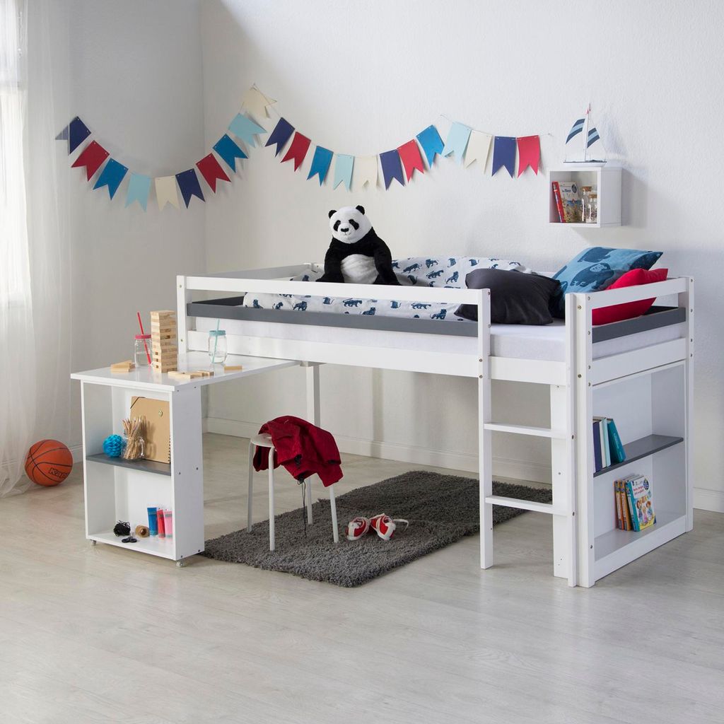 Hochbett Kinderbett 90x200 Weiß Schreibtisch Funktionsbett Obrázek produktu 