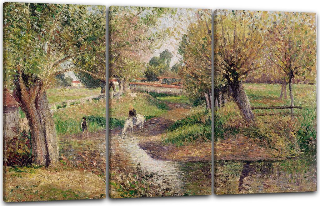 Leinwandbild 3-teilig (120x80cm): Camille Pissarro - L'Abreuvoir, Éragny, echter Holz-Keilrahmen inkl. Aufhänger, handgefertigt in Deutschland