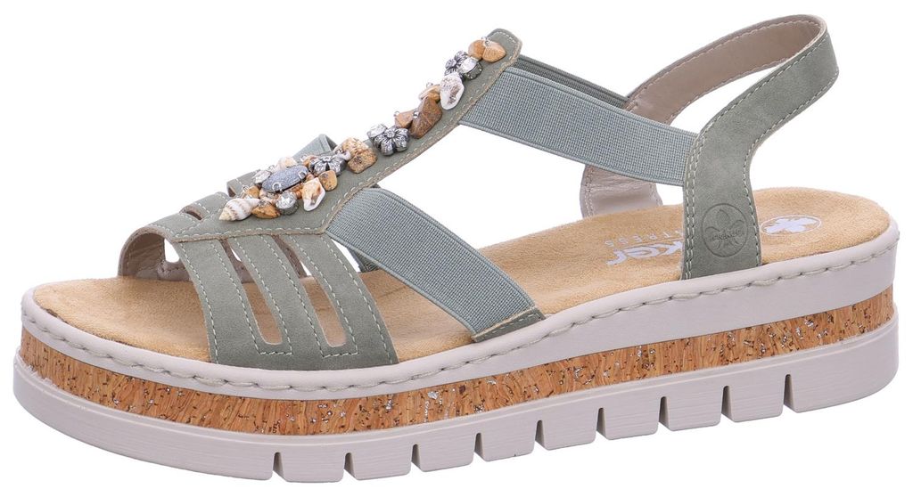 Rieker Damen Sandale mit Gummizug und T-Riemen mit maritimen Perlen V4949, Größe:42 EU, Farbe:Grün