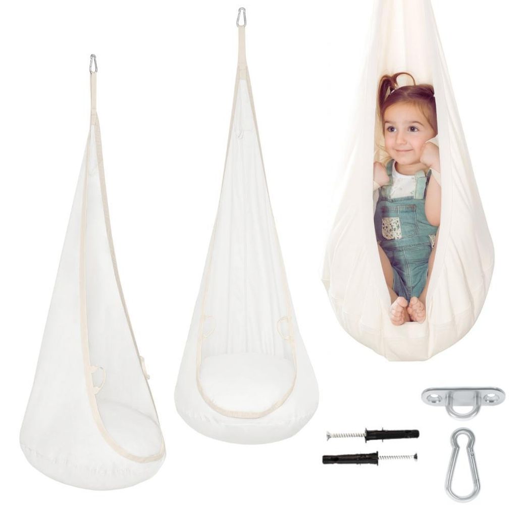 A collage of a child's hanging chair, including a close-up of a child in the chair and mounting hardware.
