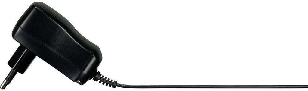 A black power adapter with a cord, isolated on a white background.