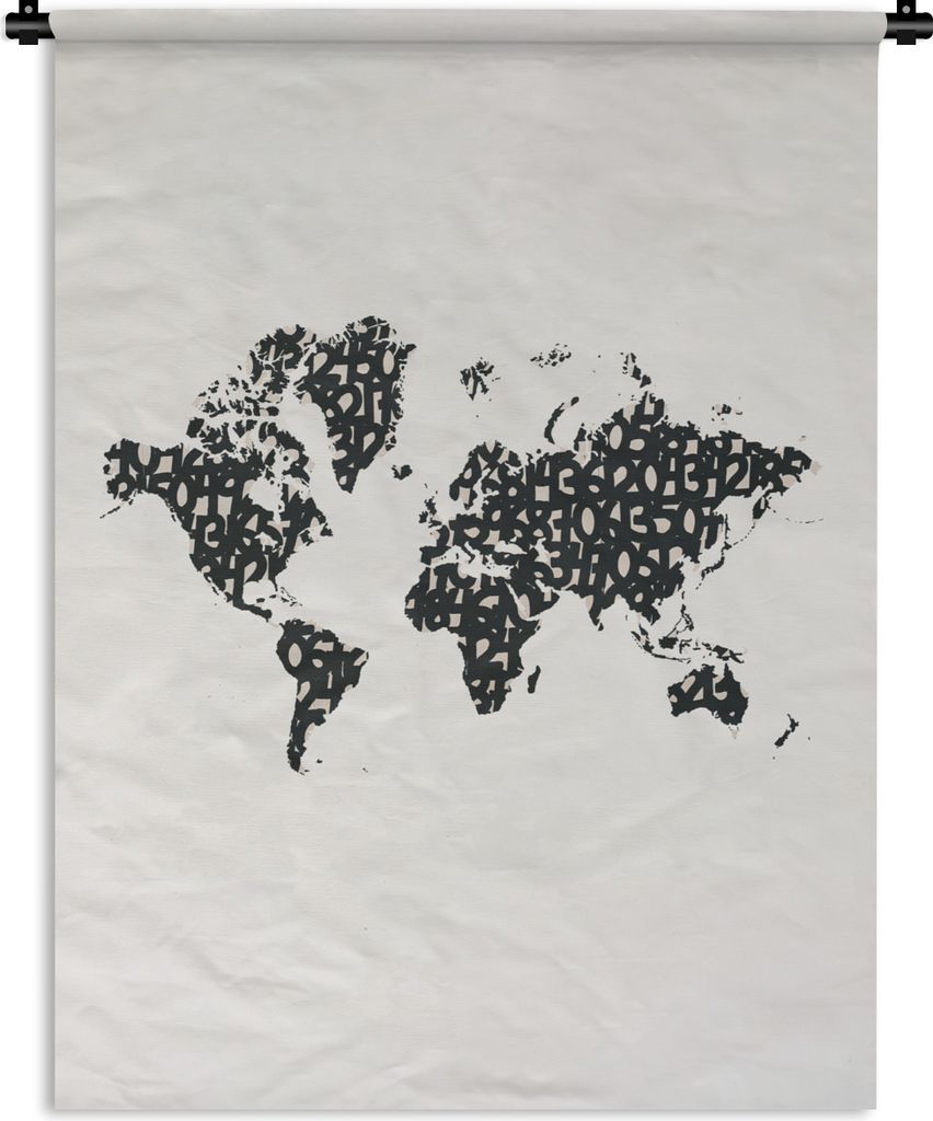 MuchoWow Wandteppich Wandbehang Weltkarte - Zahlen - Schwarz 60x80 cm Tapisserie Dekoration Wandtuch - Decke - Wandtücher - Wohne