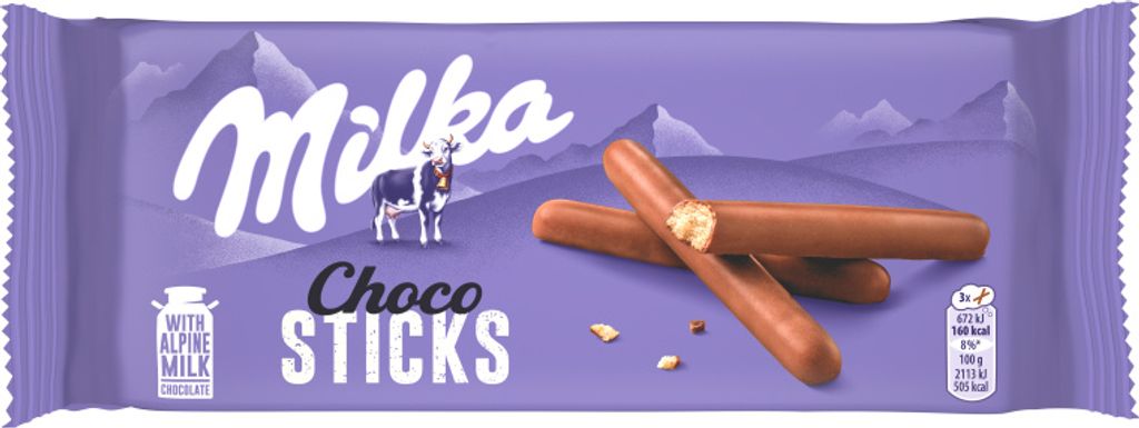A package of Milka Choco Sticks with a mountain landscape in the background.