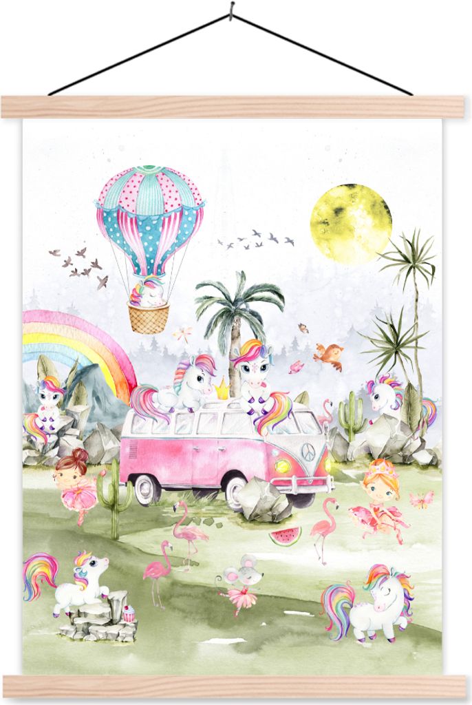 MuchoWow Textilposter Einhorn - Regenbogen - Kinder - Mädchen - Auto 120x160 cm mit holzfarbenen Rahmen - Plakatkarton