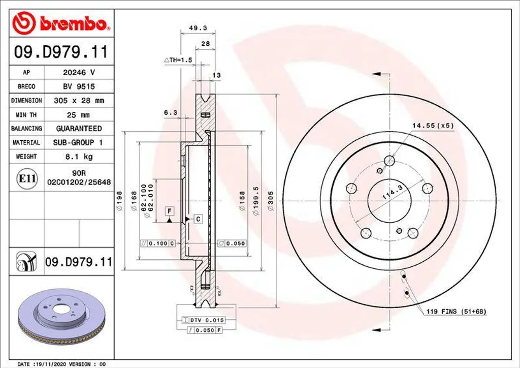 Brembo 09.D979.11 Disque de frein haute performance pour Camry et RAV 4