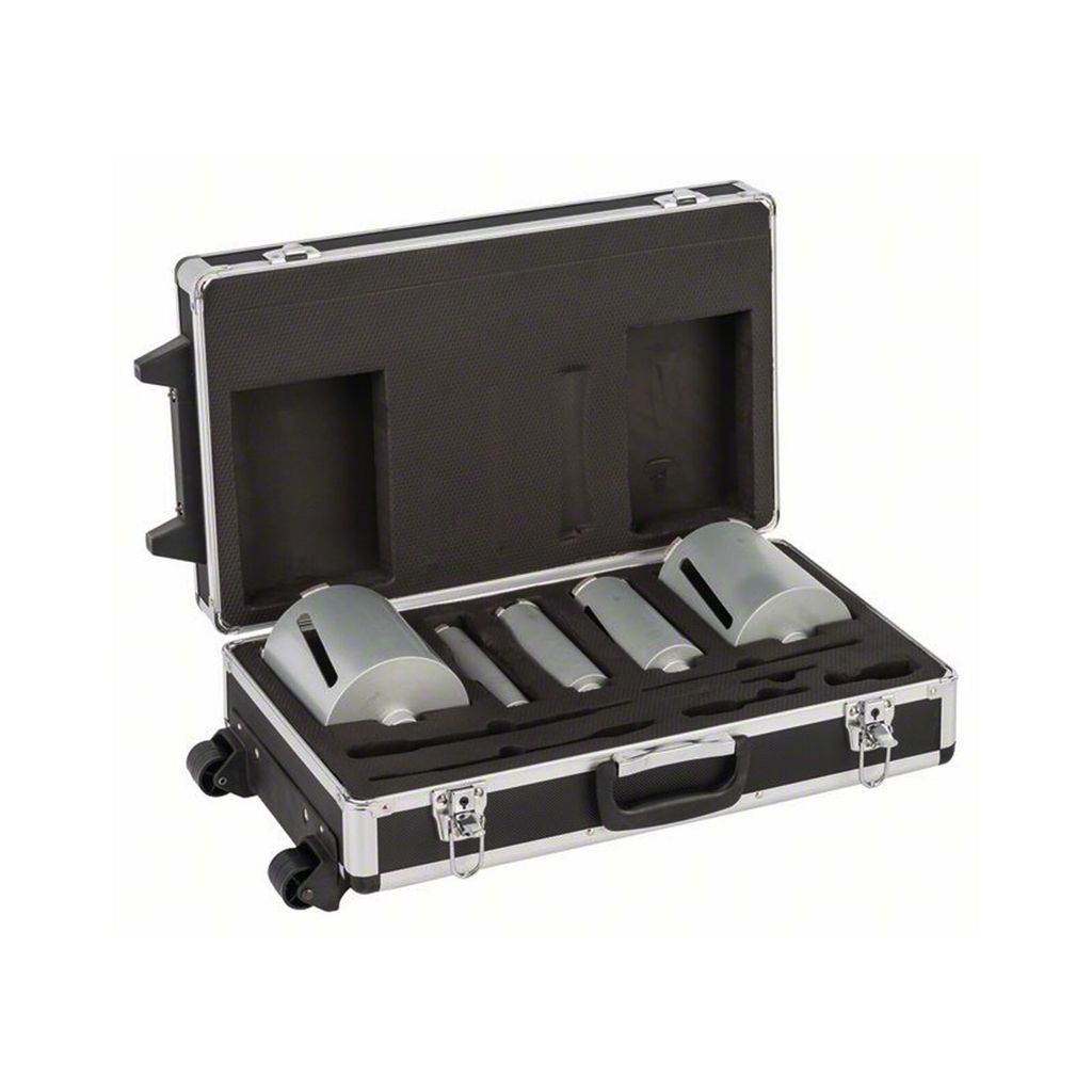 A set of diamond dry drilling crowns in a black case with foam inserts.