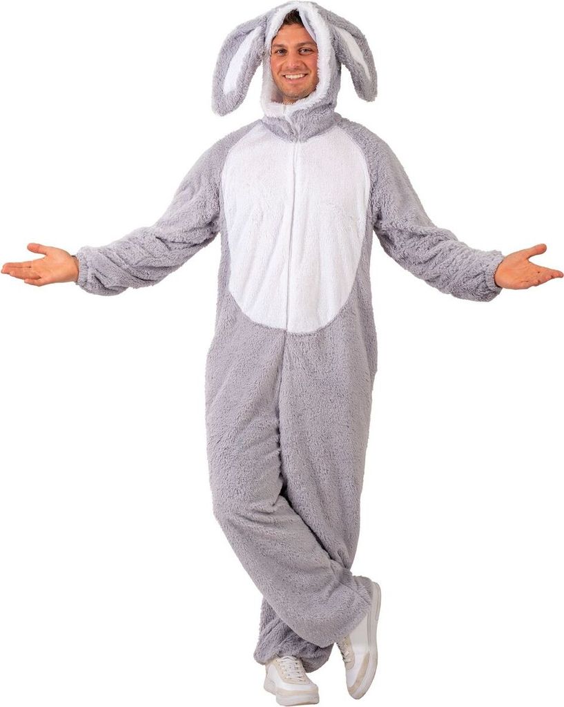 A man wearing a grey rabbit costume with large ears and a white chest panel, standing with his arms outstretched.