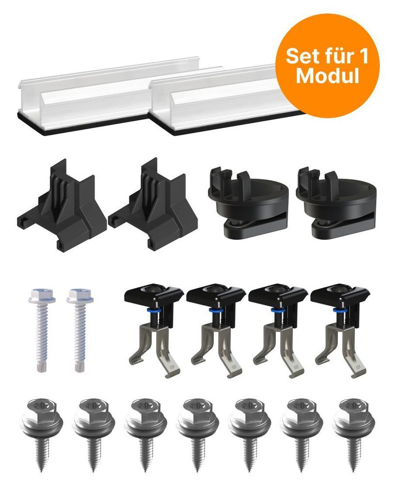 Photovoltaik Montageset Trapezblech senkrecht | Komplett-Set für 1 Solarmodul | Solar Befestigung | Unterkonstruktion für Blechdach