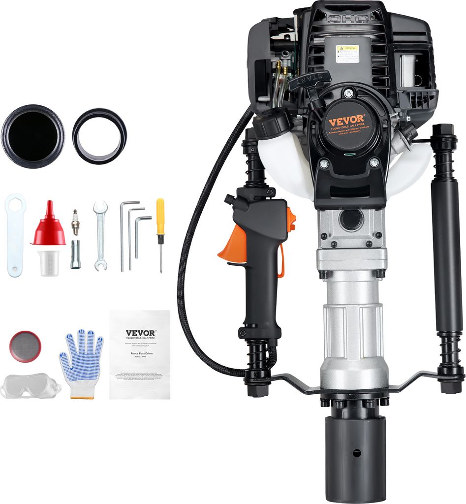 VEVOR 37,77 ccm T-Pfostenramme, benzinbetriebener Zaunrammer mit 4-Takt-Motor, mit 2 Pfosten-Rammköpfen (55/70 mm), tragbarer 1000-W-Pfostenramme ...