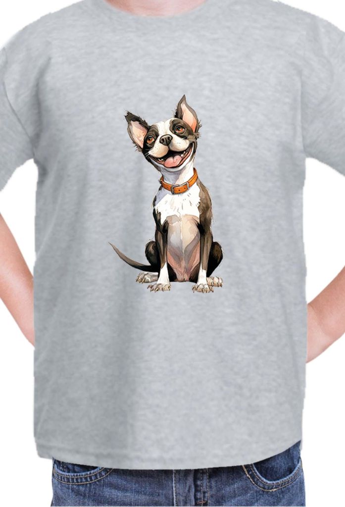 Kinder T-Shirt Funny Dogs Breeds Boston Terrier Dog Breed 020, 12-13 Jahr - 152 / Grau