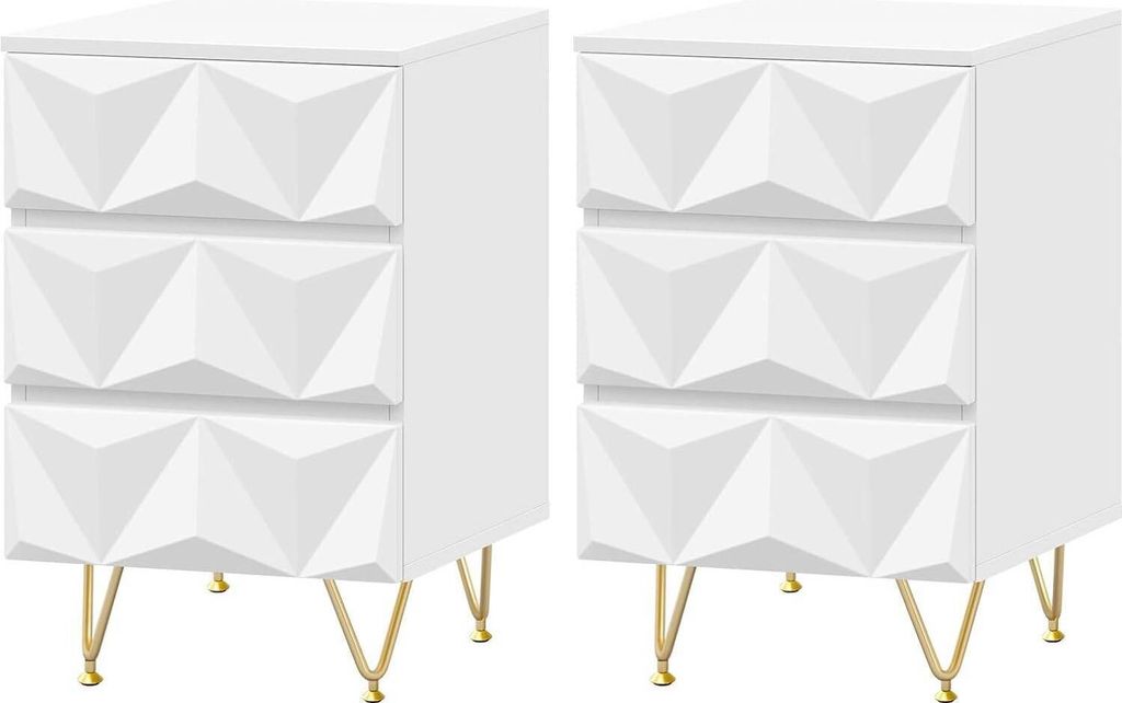 EUGAD 2 X Nachttisch mit 3 Schubladen, Beistelltisch, 40x62,5x40 cm, Weiß + Gold