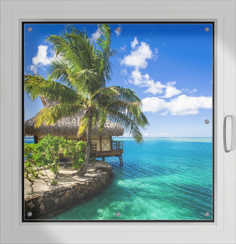 Wallario Lichtschutzbild, Dekorativer Sichtschutz Sonnenschutz 96 x 93 cm mit Motiv: Karibisches Meer Einsame Hütte unter Palmen - Verdunklung oh...