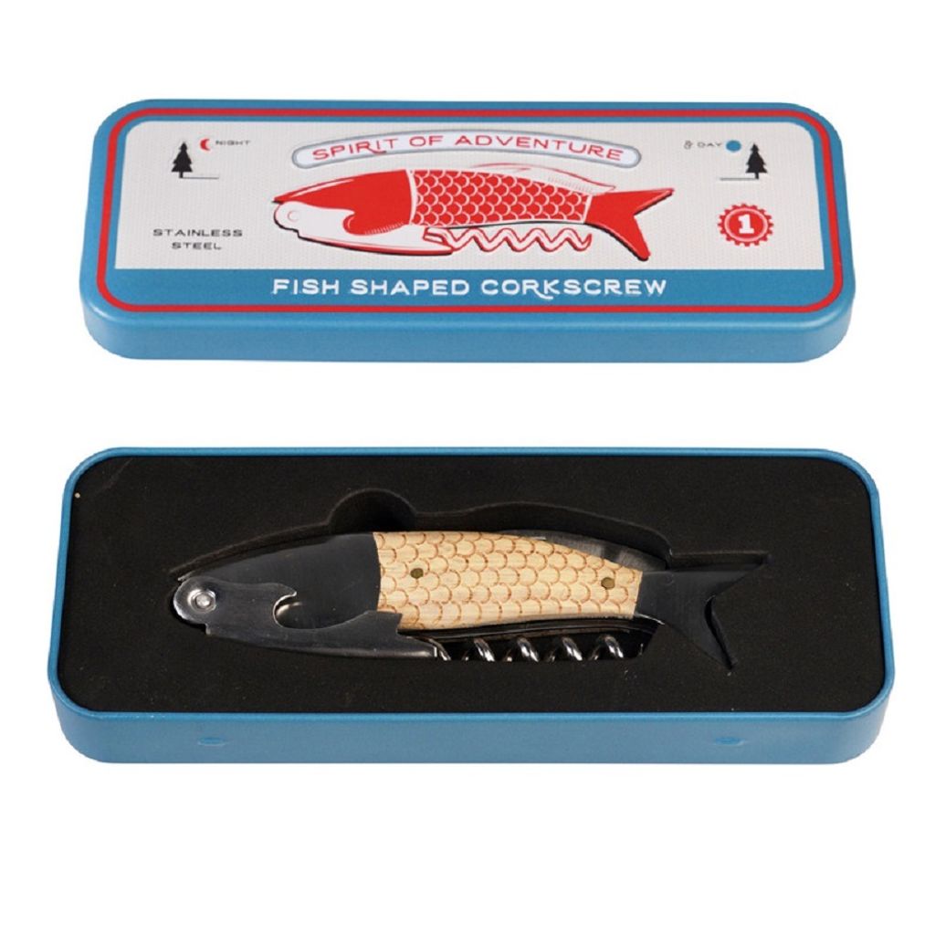 Korkenzieher Fisch in dekorativer Dose mit Flaschenöffner & Folienschneider
