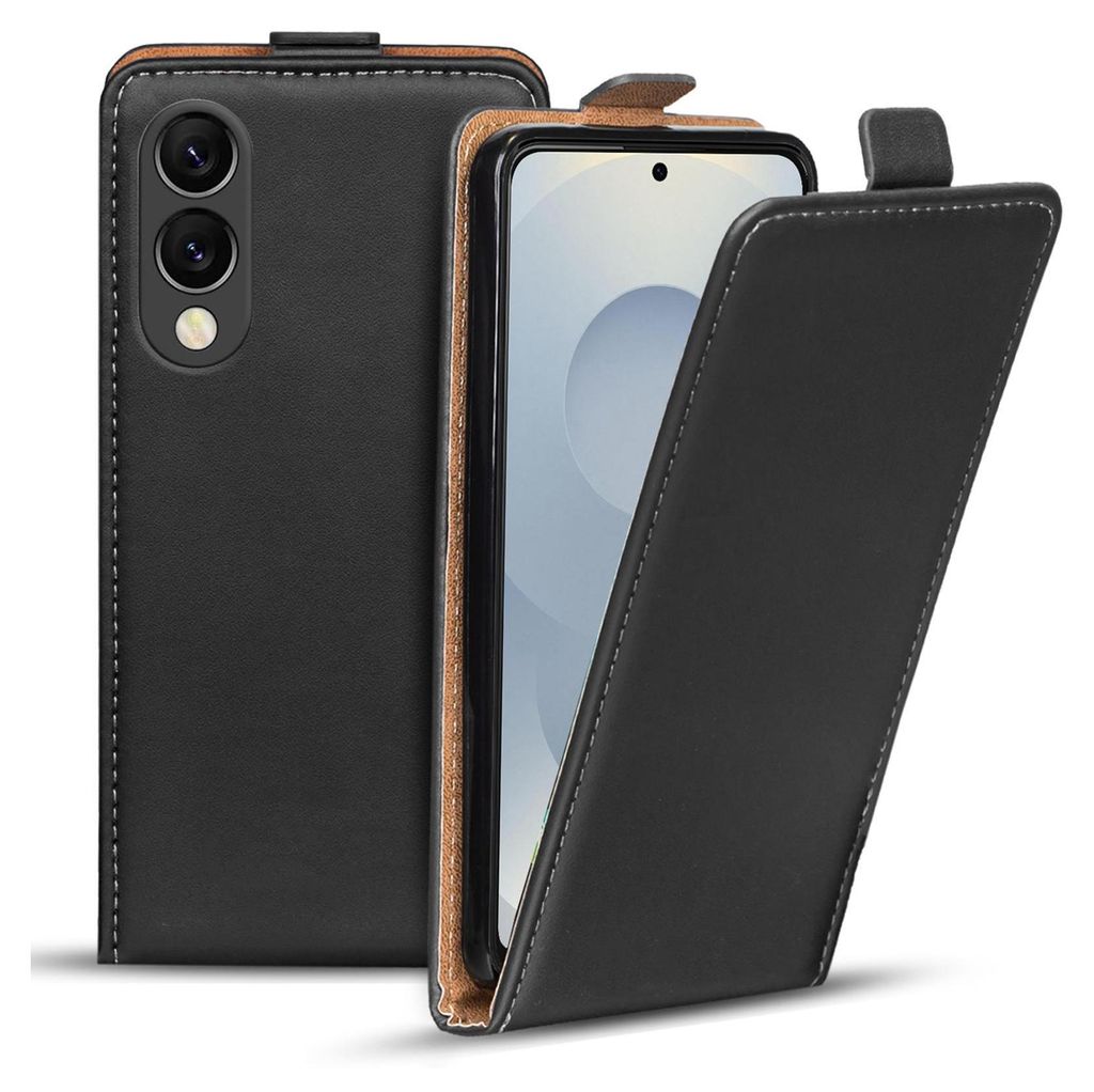 A black flip case for a smartphone is shown, with the front cover partially open.