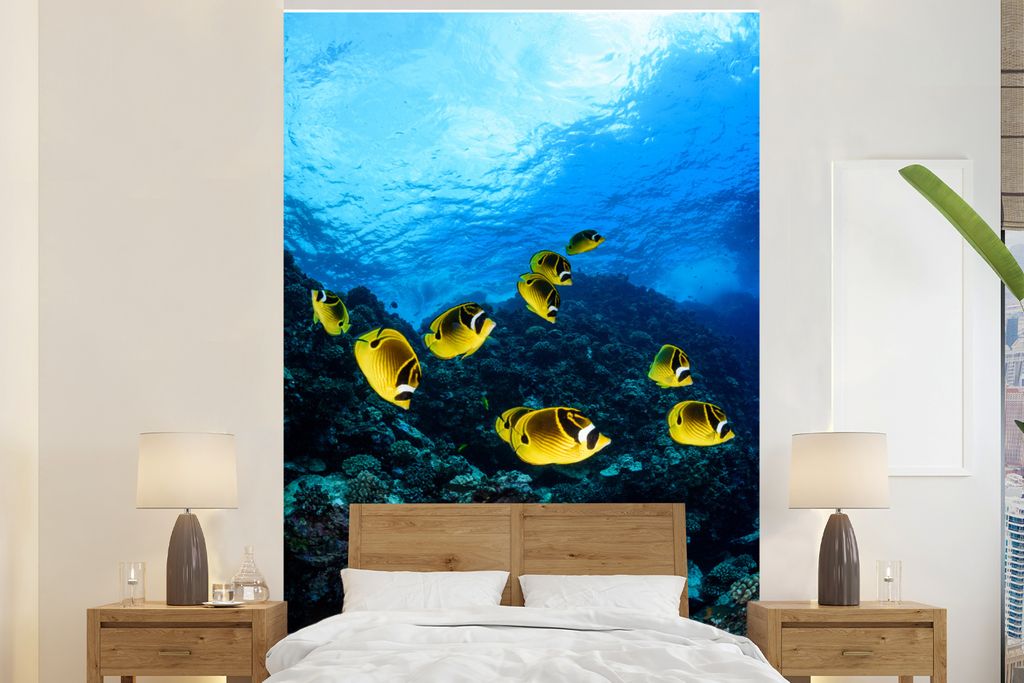MuchoWow Fototapete für Wohnzimmer oder Schlafzimmer Wandtapete Vinyl Motivtapete Fische - Gruppe - Hawaii - 155x240 cm - Tapete