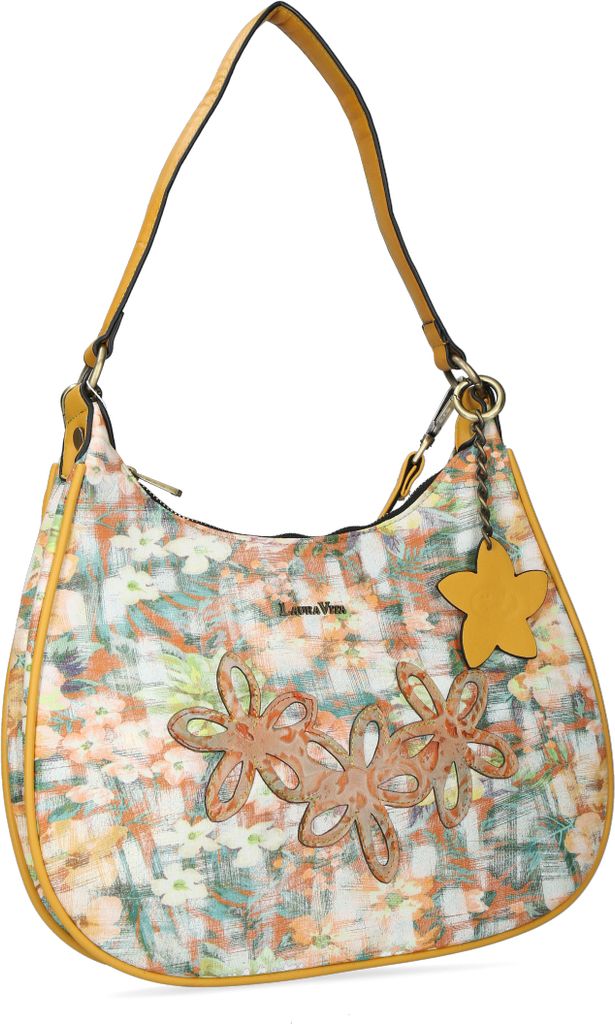 Laura Vita Damen Schultertasche 4735 Umhängetasche Blumenapplikation, Farbe:Gelb