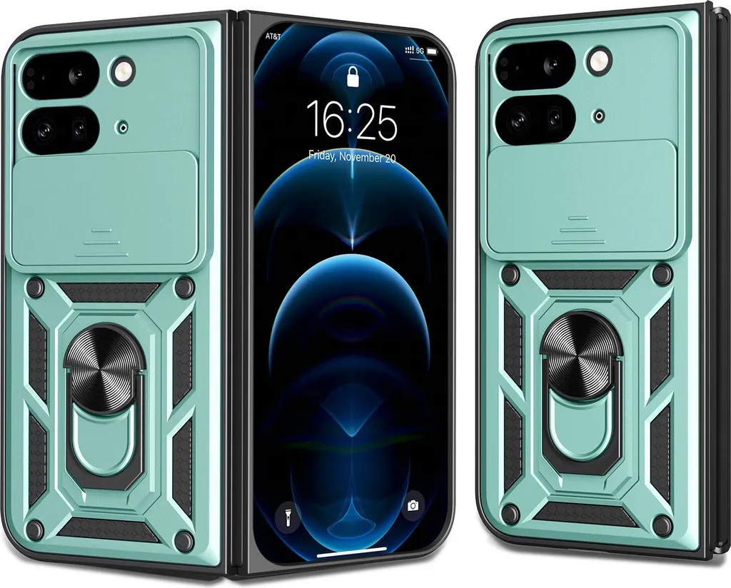 Custodia per Google Pixel 9 Pro Fold, Custodia in silicone TPU Bumper con supporto ad anello, protezione della fotocamera Verde