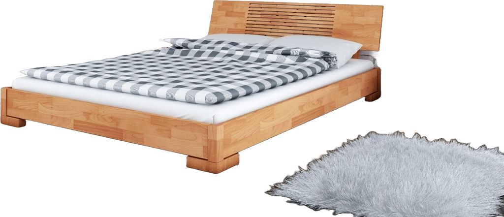 Bett Bento 11 Sonderlänge 160x220 Kernbuche massiv Holzkopfteil und Holzbeine