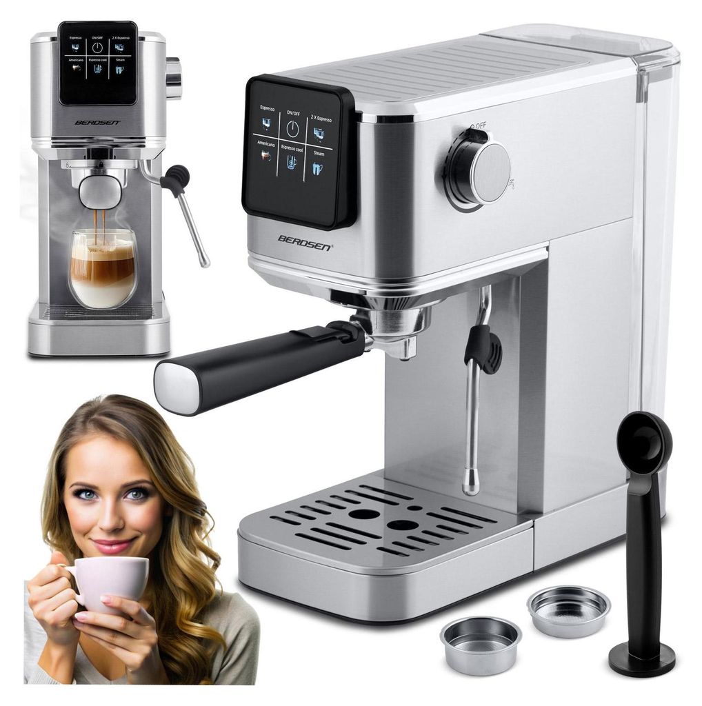 A collage of an espresso machine, a woman holding a coffee cup, and close-ups of the machine's features.
