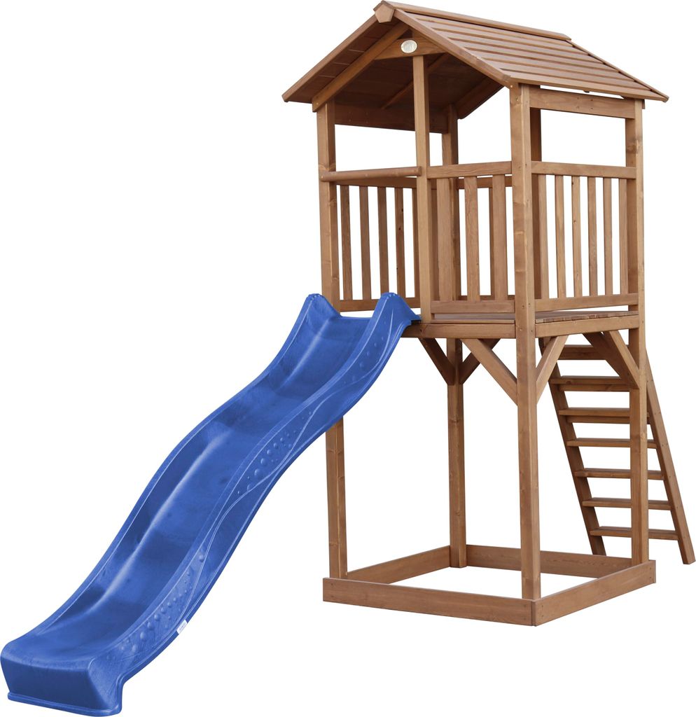 AXI Beach Tower Spielturm aus Holz in Braun | Spielhaus für Kinder mit blauer Rutsche und Sandkasten | Stelzenhaus für den Garten